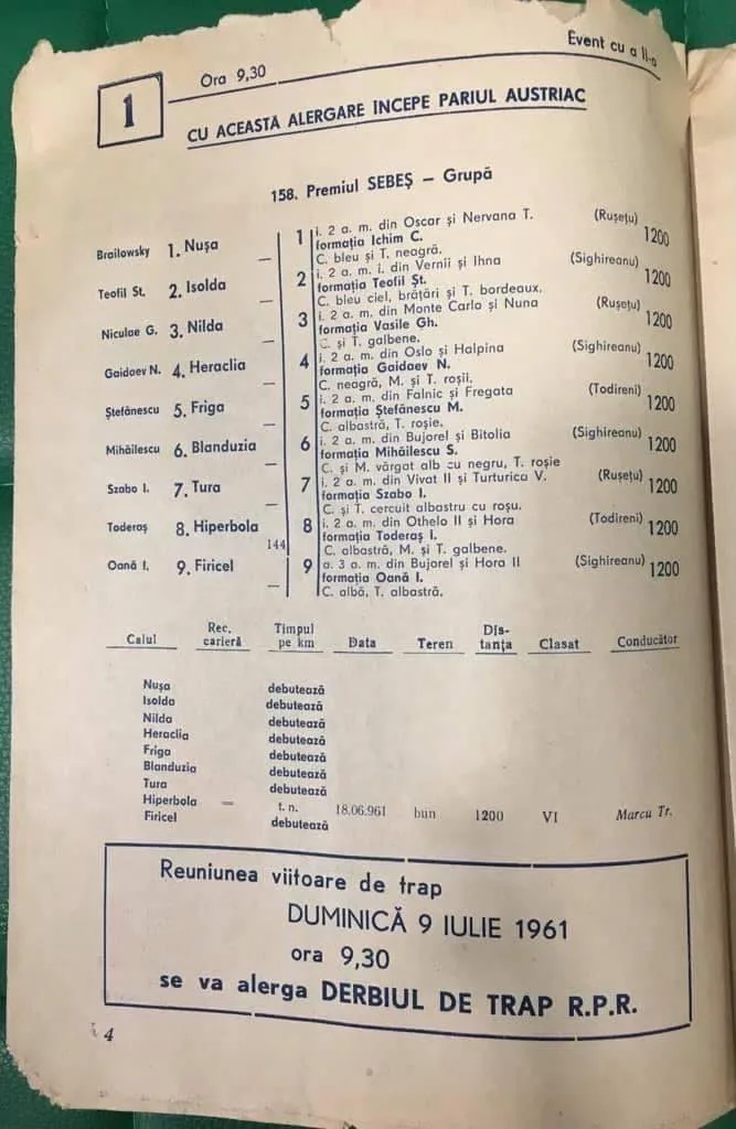 Programul alergărilor din iulie 1961 la Ploiești - sursa: www.galop.ro