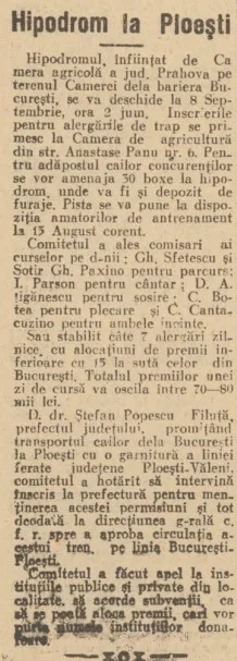Articol despre infiintarea Hipodromului din Ploiesti